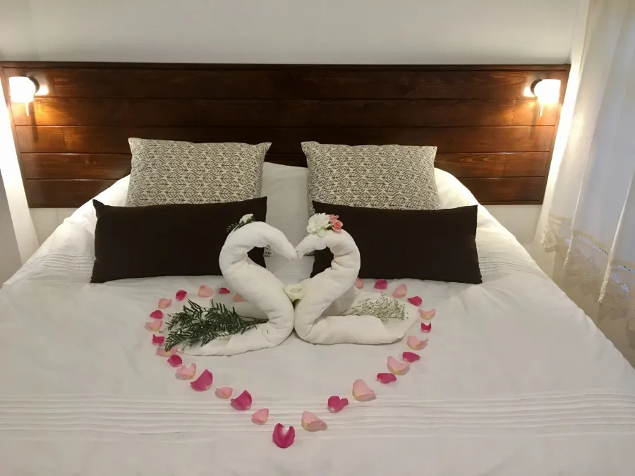 Habitación con cama grande, cabecera de madera oscura y toallas en forma de cisne